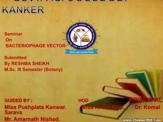 Seminar
On
BACTERIOPHAGE VECTOR
Submitted
By RESHMA SHEIKH
M.Sc. III Semester (Botany)
GUIDED BY : HOD PRINCIPAL
Miss Pushplata Kanwar. Miss R. Kuldeep. Dr. Komal
Sarava
Mr. Amarnath Nishad.
 