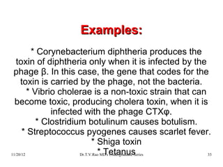 Examples:
Examples:
* Corynebacterium diphtheria produces the
toxin of diphtheria only when it is infected by the
phage β. In this case, the gene that codes for the
toxin is carried by the phage, not the bacteria.
* Vibrio cholerae is a non-toxic strain that can
become toxic, producing cholera toxin, when it is
infected with the phage CTXφ.
* Clostridium botulinum causes botulism.
* Streptococcus pyogenes causes scarlet fever.
* Shiga toxin
* Tetanus
11/20/12 Dr.T.V.Rao MD's Undergraduate Series 33
 