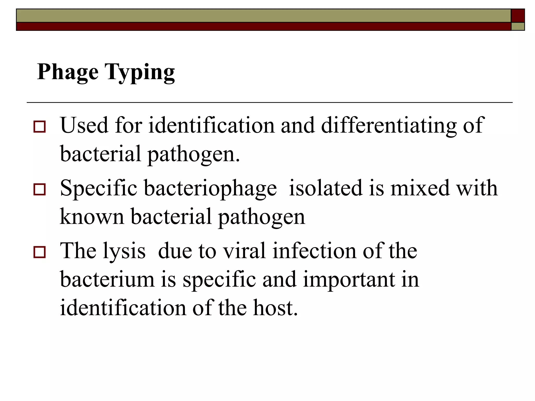  Used for identification and differentiating of
bacterial pathogen.
 Specific bacteriophage isolated is mixed with
known bacterial pathogen
 The lysis due to viral infection of the
bacterium is specific and important in
identification of the host.
Phage Typing
 