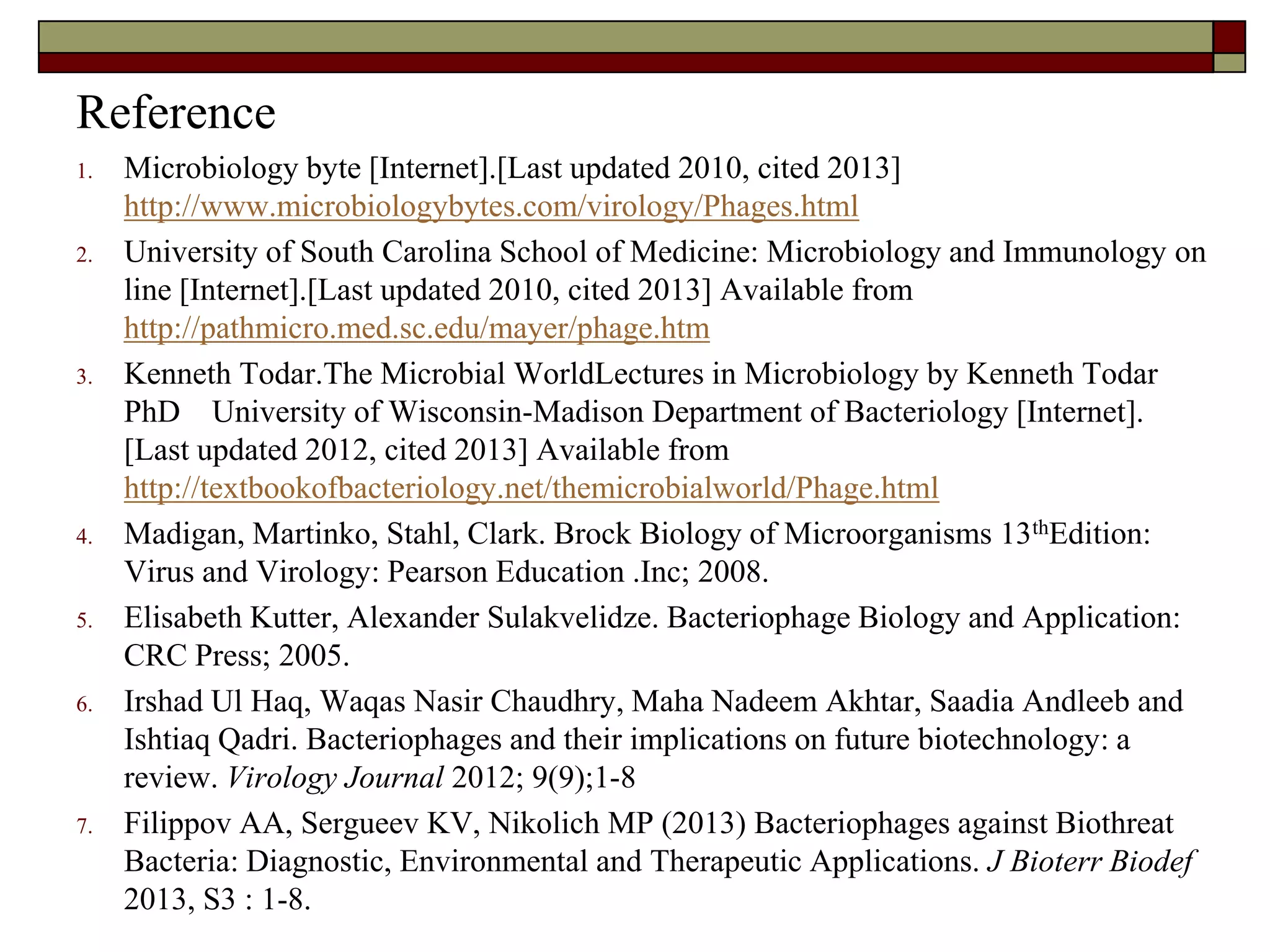 Reference
1. Microbiology byte [Internet].[Last updated 2010, cited 2013]
http://www.microbiologybytes.com/virology/Phages.html
2. University of South Carolina School of Medicine: Microbiology and Immunology on
line [Internet].[Last updated 2010, cited 2013] Available from
http://pathmicro.med.sc.edu/mayer/phage.htm
3. Kenneth Todar.The Microbial WorldLectures in Microbiology by Kenneth Todar
PhD University of Wisconsin-Madison Department of Bacteriology [Internet].
[Last updated 2012, cited 2013] Available from
http://textbookofbacteriology.net/themicrobialworld/Phage.html
4. Madigan, Martinko, Stahl, Clark. Brock Biology of Microorganisms 13thEdition:
Virus and Virology: Pearson Education .Inc; 2008.
5. Elisabeth Kutter, Alexander Sulakvelidze. Bacteriophage Biology and Application:
CRC Press; 2005.
6. Irshad Ul Haq, Waqas Nasir Chaudhry, Maha Nadeem Akhtar, Saadia Andleeb and
Ishtiaq Qadri. Bacteriophages and their implications on future biotechnology: a
review. Virology Journal 2012; 9(9);1-8
7. Filippov AA, Sergueev KV, Nikolich MP (2013) Bacteriophages against Biothreat
Bacteria: Diagnostic, Environmental and Therapeutic Applications. J Bioterr Biodef
2013, S3 : 1-8.
 