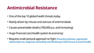 Antimicrobial Resistance
• One of the top 10global health threats today
• Mainly driven by misuse and overuse of antimicrobials
• Causes preventable deaths (700,000 p.a.andincreasing)
• Huge financial cost (Health system & economy)
• Requires multi-sectoral approach to fight (Preventinginfections,Appropriate
antimicrobialuse,DiagnosticstewardshipandMonitoringinbothhuman&animalhealth)
 