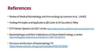 References
• ReviewofMedicalMicrobiologyandImmunologybyLevinsonetal.-LANGE
• VirologyPrinciplesandApplications(JBCarter&VASaunders)-Wiley
• ICTVMasterSpeciesList2021.v3.xlsx https://talk.ictvonline.org/files/master-species-lists/m/msl
• Bacteriophagesandtheirimplicationsonfuturebiotechnology:areview
https://virologyj.biomedcentral.com/articles/10.1186/1743-422X-9-9
• StructureandfunctionofbacteriophageT4
https://www.ncbi.nlm.nih.gov/pmc/articles/PMC4275845/
 