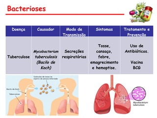 Bacterioses
Doença Causador Modo de
Transmissão
Sintomas Tratamento e
Prevenção
Tuberculose
Mycobacterium
tuberculosis
(Bacilo de
Koch)
Secreções
respiratórias
Tosse,
cansaço,
febre,
emagrecimento
e hemoptise.
Uso de
Antibióticos.
Vacina
BCG
 