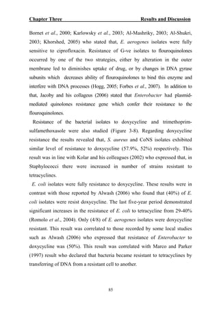 Chapter Three Results and Discussion
Bornet et al., 2000; Karlowsky et al., 2003; Al-Mashriky, 2003; Al-Shukri,
2003; Khorshed, 2005) who stated that, E. aerogenes isolates were fully
sensitive to ciprofloxacin. Resistance of G-ve isolates to flouroquinolones
occurred by one of the two strategies, either by alteration in the outer
membrane led to diminishes uptake of drug, or by changes in DNA gyrase
subunits which decreases ability of flouroquinolones to bind this enzyme and
interfere with DNA processes (Hogg, 2005; Forbes et al., 2007). In addition to
that, Jacoby and his collageus (2006) stated that Enterobacter had plasmid-
mediated quinolones resistance gene which confer their resistance to the
flouroquinolones.
Resistance of the bacterial isolates to doxycycline and trimethoprim-
sulfamethoxasole were also studied (Figure 3-8). Regarding doxycycline
resistance the results revealed that, S. aureus and CoNS isolates exhibited
similar level of resistance to doxycycline (57.9%, 52%) respectively. This
result was in line with Kolar and his colleagues (2002) who expressed that, in
Staphylococci there were increased in number of strains resistant to
tetracyclines.
E. coli isolates were fully resistance to doxycycline. These results were in
contrast with those reported by Alwash (2006) who found that (40%) of E.
coli isolates were resist doxycycline. The last five-year period demonstrated
significant increases in the resistance of E. coli to tetracycline from 29-40%
(Romolo et al., 2004). Only (4/8) of E. aerogenes isolates were doxycycline
resistant. This result was correlated to those recorded by some local studies
such as Alwash (2006) who expressed that resistance of Enterobacter to
doxycycline was (50%). This result was correlated with Marco and Parker
(1997) result who declared that bacteria became resistant to tetracyclines by
transferring of DNA from a resistant cell to another.
85
 