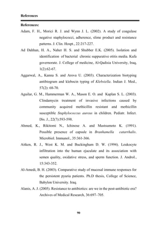 References
90
References:
Adam, F. H., Morici R. J. and Wynn J. L. (2002). A study of coagulase
negative staphylococci, adherence, slime product and resistance
patterns. J. Clin. Hospt., 22:217-227.
Ad Dahhan, H. A., Naher H. S. and Shubber E.K. (2005). Isolation and
identification of bacterial chronic suppurative otitis media. Kufa
governorate. J. College of medicine, Al-Qadisia University, Iraq,
1(2):62-67.
Aggarwal, A., Kanna S. and Arova U. (2003). Characterization biotyping
antibiogram and klebocin typing of Klebsiella. Indian J. Med.,
57(2): 68-70.
Aguilar, G. M., Hammerman W. A., Mason E. O. and Kaplan S. L. (2003).
Clindamycin treatment of invasive infections caused by
community acquired methicillin resistant and methicillin
susceptible Staphylococcus aureus in children. Pediatr. Infect.
Dis. J., 22(7):593-598.
Ahmed, K., Rikitomi N., Ichinose A. and Mastsumoto K. (1991).
Possible presence of capsule in Branhamella catarrhalis.
Microbiol. Immunol., 35:361-366.
Aitken, R. J., West K. M. and Buckingham D. W. (1994). Leukocyte
infiltration into the human ejaculate and its association with
semen quality, oxidative stress, and sperm function. J. Androl.,
15:343-352.
Al-Amedi, B. H. (2003). Comparative study of mucosal immune responses for
the persistent pyuria patients. Ph.D thesis, College of Science,
Babylon University. Iraq.
Alanis, A. J. (2005). Resistance to antibiotics: are we in the post-antibiotic era?
Archives of Medical Research, 36:697–705.
 