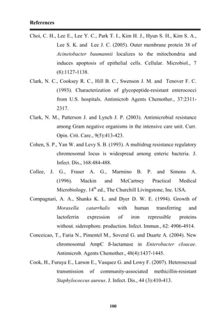 References
100
Choi, C. H., Lee E., Lee Y. C., Park T. I., Kim H. J., Hyun S. H., Kim S. A.,
Lee S. K. and Lee J. C. (2005). Outer membrane protein 38 of
Acinetobacter baumannii localizes to the mitochondria and
induces apoptosis of epithelial cells. Cellular. Microbiol., 7
(8):1127-1138.
Clark, N. C., Cooksey R. C., Hill B. C., Swenson J. M. and Tenover F. C.
(1993). Characterization of glycopeptide-resistant enterococci
from U.S. hospitals. Antimicrob Agents Chemother., 37:2311-
2317.
Clark, N. M., Patterson J. and Lynch J. P. (2003). Antimicrobial resistance
among Gram negative organisms in the intensive care unit. Curr.
Opin. Crit. Care., 9(5):413-423.
Cohen, S. P., Yan W. and Levy S. B. (1993). A multidrug resistance regulatory
chromosomal locus is widespread among enteric bacteria. J.
Infect. Dis., 168:484-488.
Collee, J. G., Fraser A. G., Marmino B. P. and Simons A.
(1996). Mackin and McCartney Practical Medical
Microbiology. 14th
ed., The Churchill Livingstone, Inc. USA.
Compagnari, A. A., Shanks K. L. and Dyer D. W. E. (1994). Growth of
Moraxella catarrhalis with human transferring and
lactoferrin expression of iron repressible proteins
without. siderophore. production. Infect. Immun., 62: 4906-4914.
Conceicao, T., Faria N., Pimentel M., Soveral G. and Duarte A. (2004). New
chromosomal AmpC ß-lactamase in Enterobacter cloacae.
Antimicrob. Agents Chemother., 48(4):1437-1445.
Cook, H., Furuya E., Larson E., Vasquez G. and Lowy F. (2007). Heterosexual
transmission of community-associated methicillin-resistant
Staphylococcus aureus. J. Infect. Dis., 44 (3):410-413.
 