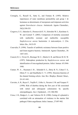 References
101
Cornaglia, G., Russell K., Satta G., and Fontana R. (1995). Relative
importances of outer membrane permeability and group 1 β-
lactamase as determinants of meropenem and imipenem activities
against Enterobacter cloacae. Antimicrob. Agents Chemother.,
39(2):350-355.
Cosgrove, S. E., Sakoulas G., Perencevich E. N., Schwaber M. J., Karchmer A.
W. and Carmeli Y. (2003). Comparison of mortality associated
with methicillin resistant and methicillin susceptible
Staphylococcus aureus bacteremia: A meta-analysis. J. Clin.
Infect. Dis., 36:53-59
Courvalin, P. (1994). Transfer of antibiotic resistance between Gram positive
and Gram negative bacteria. Antimicrob. Agents Chemother., 38:
1447-1451.
Courcol, R. J., Trivier D., Bissinger M. C., Martin G. R. and Brown M. R. W.
(1997). Siderophore production by Staphylococcus aureus and
identification of iron-regulated proteins. Infect. Immun. 65:1944-
1948.
Cramer, W. A. , Heymann J. B. , Schendel S. L., Deriy B. N., Cohen F. S.,
Elkins P. A. and Stauffacher C. V. (1995). Structure-function of
the channel forming colicin. Ann. Rev. Biophys. Biomol. Struct.,
24 :611-641.
Cravioto, A. R., Reyes F., Trujillo F., Uribe A., Navarro J. M. and Vazques V.
(1990). Risk of diarrhea during the first year of life associated
with initial and subsequent colonization by specific
enteropathogens. Am. J. Epidemiol. , 131: 886-904.
Crosa, J. H., Hodges L. L. and Schiewe M. H. (1980). Curing of a plasmid is
correlated with an attenuation of virulence in the marine fish
pathogen Vibrio anguillarum. Infect. Immun., 27:897-902.
 
