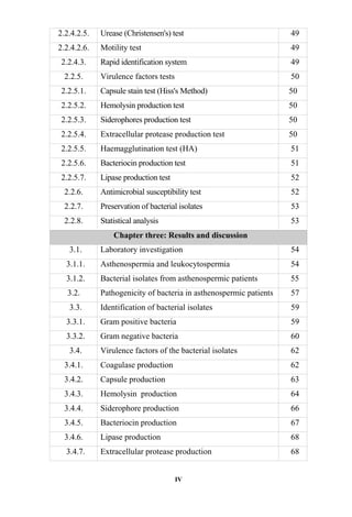 IV
2.2.4.2.5. Urease (Christensen's) test 49
2.2.4.2.6. Motility test 49
2.2.4.3. Rapid identification system 49
2.2.5. Virulence factors tests 50
2.2.5.1. Capsule stain test (Hiss's Method) 50
2.2.5.2. Hemolysin production test 50
2.2.5.3. Siderophores production test 50
2.2.5.4. Extracellular protease production test 50
2.2.5.5. Haemagglutination test (HA) 51
2.2.5.6. Bacteriocin production test 51
2.2.5.7. Lipase production test 52
2.2.6. Antimicrobial susceptibility test 52
2.2.7. Preservation of bacterial isolates 53
2.2.8. Statistical analysis 53
Chapter three: Results and discussion
3.1. Laboratory investigation 54
3.1.1. Asthenospermia and leukocytospermia 54
3.1.2. Bacterial isolates from asthenospermic patients 55
3.2. Pathogenicity of bacteria in asthenospermic patients 57
3.3. Identification of bacterial isolates 59
3.3.1. Gram positive bacteria 59
3.3.2. Gram negative bacteria 60
3.4. Virulence factors of the bacterial isolates 62
3.4.1. Coagulase production 62
3.4.2. Capsule production 63
3.4.3. Hemolysin production 64
3.4.4. Siderophore production 66
3.4.5. Bacteriocin production 67
3.4.6. Lipase production 68
3.4.7. Extracellular protease production 68
 
