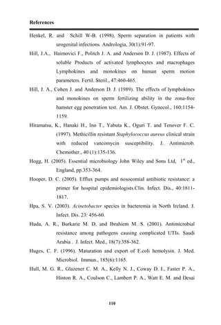 References
110
Henkel, R. and Schill W-B. (1998). Sperm separation in patients with
urogenital infections. Andrologia, 30(1):91-97.
Hill, J.A., Haimovici F., Politch J. A. and Anderson D. J. (1987). Effects of
soluble Products of activated lymphocytes and macrophages
Lymphokines and monokines on human sperm motion
parameters. Fertil. Steril., 47:460-465.
Hill, J. A., Cohen J. and Anderson D. J. (1989). The effects of lymphokines
and monokines on sperm fertilizing ability in the zona-free
hamster egg penetration test. Am. J. Obstet. Gynecol., 160:1154-
1159.
Hiramatsu, K., Hanaki H., Ino T., Yabuta K., Oguri T. and Tenover F. C.
(1997). Methicillin resistant Staphylococcus aureus clinical strain
with reduced vancomycin susceptibility. J. Antimicrob.
Chemother., 40 (1):135-136.
Hogg, H. (2005). Essential microbiology John Wiley and Sons Ltd, 1st
ed.,
England, pp.353-364.
Hooper, D. C. (2005). Efflux pumps and nosocomial antibiotic resistance: a
primer for hospital epidemiologists.Clin. Infect. Dis., 40:1811-
1817.
Hpa, S. V. (2003). Acinetobacter species in bacteremia in North Ireland. J.
Infect. Dis. 23: 456-60.
Huda, A. R., Burkarie M. D. and Ibrahiem M. S. (2001). Antimicrobial
resistance among pathogens causing complicated UTIs. Saudi
Arabia . J. Infect. Med., 18(7):358-362.
Huges, C. F. (1996). Maturation and export of E.coli hemolysin. J. Med.
Microbiol. Immun., 185(6):1165.
Hull, M. G. R., Glazener C. M. A., Kelly N. J., Coway D. I., Faster P. A.,
Hinton R. A., Coulson C., Lambert P. A., Watt E. M. and Desai
 