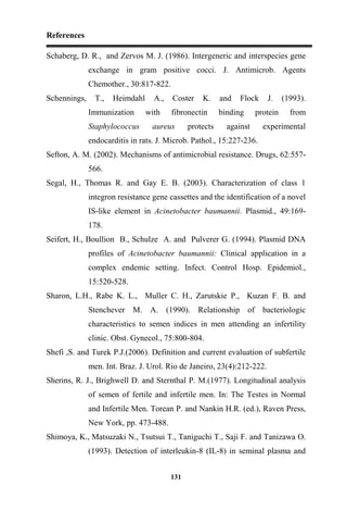 References
131
Schaberg, D. R., and Zervos M. J. (1986). Intergeneric and interspecies gene
exchange in gram positive cocci. J. Antimicrob. Agents
Chemother., 30:817-822.
Schennings, T., Heimdahl A., Coster K. and Flock J. (1993).
Immunization with fibronectin binding protein from
Staphylococcus aureus protects against experimental
endocarditis in rats. J. Microb. Pathol., 15:227-236.
Sefton, A. M. (2002). Mechanisms of antimicrobial resistance. Drugs, 62:557-
566.
Segal, H., Thomas R. and Gay E. B. (2003). Characterization of class 1
integron resistance gene cassettes and the identification of a novel
IS-like element in Acinetobacter baumannii. Plasmid., 49:169-
178.
Seifert, H., Boullion B., Schulze A. and Pulverer G. (1994). Plasmid DNA
profiles of Acinetobacter baumannii: Clinical application in a
complex endemic setting. Infect. Control Hosp. Epidemiol.,
15:520-528.
Sharon, L.H., Rabe K. L., Muller C. H., Zarutskie P., Kuzan F. B. and
Stenchever M. A. (1990). Relationship of bacteriologic
characteristics to semen indices in men attending an infertility
clinic. Obst. Gynecol., 75:800-804.
Shefi ,S. and Turek P.J.(2006). Definition and current evaluation of subfertile
men. Int. Braz. J. Urol. Rio de Janeiro, 23(4):212-222.
Sherins, R. J., Brighwell D. and Sternthal P. M.(1977). Longitudinal analysis
of semen of fertile and infertile men. In: The Testes in Normal
and Infertile Men. Torean P. and Nankin H.R. (ed.), Raven Press,
New York, pp. 473-488.
Shimoya, K., Matsuzaki N., Tsutsui T., Taniguchi T., Saji F. and Tanizawa O.
(1993). Detection of interleukin-8 (IL-8) in seminal plasma and
 