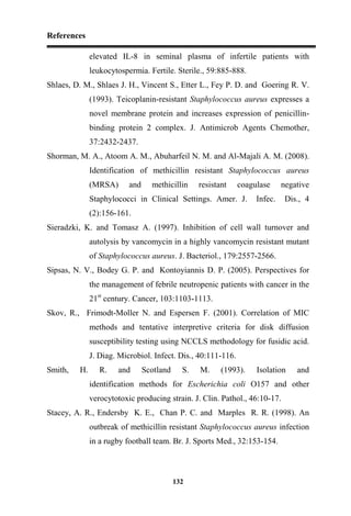 References
132
elevated IL-8 in seminal plasma of infertile patients with
leukocytospermia. Fertile. Sterile., 59:885-888.
Shlaes, D. M., Shlaes J. H., Vincent S., Etter L., Fey P. D. and Goering R. V.
(1993). Teicoplanin-resistant Staphylococcus aureus expresses a
novel membrane protein and increases expression of penicillin-
binding protein 2 complex. J. Antimicrob Agents Chemother,
37:2432-2437.
Shorman, M. A., Atoom A. M., Abuharfeil N. M. and Al-Majali A. M. (2008).
Identification of methicillin resistant Staphylococcus aureus
(MRSA) and methicillin resistant coagulase negative
Staphylococci in Clinical Settings. Amer. J. Infec. Dis., 4
(2):156-161.
Sieradzki, K. and Tomasz A. (1997). Inhibition of cell wall turnover and
autolysis by vancomycin in a highly vancomycin resistant mutant
of Staphylococcus aureus. J. Bacteriol., 179:2557-2566.
Sipsas, N. V., Bodey G. P. and Kontoyiannis D. P. (2005). Perspectives for
the management of febrile neutropenic patients with cancer in the
21st
century. Cancer, 103:1103-1113.
Skov, R., Frimodt-Moller N. and Espersen F. (2001). Correlation of MIC
methods and tentative interpretive criteria for disk diffusion
susceptibility testing using NCCLS methodology for fusidic acid.
J. Diag. Microbiol. Infect. Dis., 40:111-116.
Smith, H. R. and Scotland S. M. (1993). Isolation and
identification methods for Escherichia coli O157 and other
verocytotoxic producing strain. J. Clin. Pathol., 46:10-17.
Stacey, A. R., Endersby K. E., Chan P. C. and Marples R. R. (1998). An
outbreak of methicillin resistant Staphylococcus aureus infection
in a rugby football team. Br. J. Sports Med., 32:153-154.
 