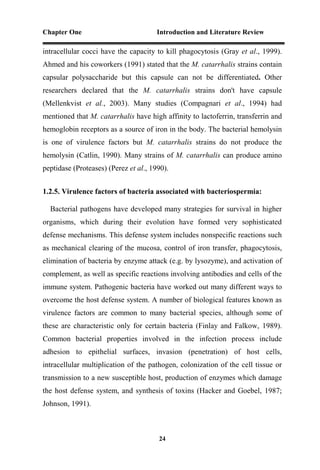 Chapter One Introduction and Literature Review
24
intracellular cocci have the capacity to kill phagocytosis (Gray et al., 1999).
Ahmed and his coworkers (1991) stated that the M. catarrhalis strains contain
capsular polysaccharide but this capsule can not be differentiated. Other
researchers declared that the M. catarrhalis strains don't have capsule
(Mellenkvist et al., 2003). Many studies (Compagnari et al., 1994) had
mentioned that M. catarrhalis have high affinity to lactoferrin, transferrin and
hemoglobin receptors as a source of iron in the body. The bacterial hemolysin
is one of virulence factors but M. catarrhalis strains do not produce the
hemolysin (Catlin, 1990). Many strains of M. catarrhalis can produce amino
peptidase (Proteases) (Perez et al., 1990).
1.2.5. Virulence factors of bacteria associated with bacteriospermia:
Bacterial pathogens have developed many strategies for survival in higher
organisms, which during their evolution have formed very sophisticated
defense mechanisms. This defense system includes nonspecific reactions such
as mechanical clearing of the mucosa, control of iron transfer, phagocytosis,
elimination of bacteria by enzyme attack (e.g. by lysozyme), and activation of
complement, as well as specific reactions involving antibodies and cells of the
immune system. Pathogenic bacteria have worked out many different ways to
overcome the host defense system. A number of biological features known as
virulence factors are common to many bacterial species, although some of
these are characteristic only for certain bacteria (Finlay and Falkow, 1989).
Common bacterial properties involved in the infection process include
adhesion to epithelial surfaces, invasion (penetration) of host cells,
intracellular multiplication of the pathogen, colonization of the cell tissue or
transmission to a new susceptible host, production of enzymes which damage
the host defense system, and synthesis of toxins (Hacker and Goebel, 1987;
Johnson, 1991).
 