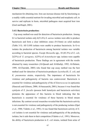 Chapter Three Results and Discussion
mechanism for obtaining iron. Iron can increase disease risk by functioning as
a readily viable essential nutrient for invading microbial and neoplastic cell, to
survive and replicate in hosts, microbial pathogens must acquired host iron
(Goel and Kapil, 2001).
3.4.5. Bacteriocin production:
Cup assay method was used for detection of bacteriocin production. Among
G+ve bacterial isolates only 6(31.6%) S. aureus isolates were able to produce
bacteriocin and form a clear inhibition zones (9-15mm) on solid medium
(Table 3-5). All CoNS isolates were unable to produce bacteriocin. In G-ve
isolates the production of bacteriocin among bacterial isolates was variable
according to bacterial species. Except Moraxella spp., 10 (83.3%) of E. coli,
2(25%) of E. aerogenes, 1(25%) of Acinetobacter spp. isolates were capable
of bacteriocin production. These findings are in agreement with the results
obtained by many researchers (Al-Qassab and Al-Khafaji, 1992; Al-Dulami,
1999; Al-Charrakh, 2005) who found that cup assay method was the best
method used for detection of bacteriocin-producers Lactobacilli, E. coli, and
K. pneumoniae strains, respectively. The importance of bacteriocin for
virulence and pathogenicity of bacteria was controversial. Bacteriocin is
essential for virulence and pathogenicity of the of Enterococcus in septicemia
(Hancock and Gilmore, 2000; Al-barazanchi, 2001), because it was found that
cytolysin of E. faecalis (possess both hemolysin and bacteriocin activities)
promotes the appearance of this bacteria in blood indicating that the
bacteriocin is essential for virulence of these bacteria in blood stream
infections. By contrast several researches revealed that the bacteriocin activity
is not essential for virulence and pathogenicity of the producing isolates (Opal
et al., 1988; Vidotto et al., 1991). It was found that bacteriocin activity of E.
coli isolates is not essential for virulence and pathogenicity of the producing
isolates, but it aids them in their competition (Vidotto et al., 1991). Moreover,
the ability of bacteriocin production in E. coli strains, isolated from urine of
67
 