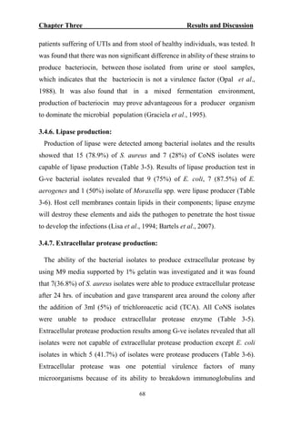 Chapter Three Results and Discussion
patients suffering of UTIs and from stool of healthy individuals, was tested. It
was found that there was non significant difference in ability of these strains to
produce bacteriocin, between those isolated from urine or stool samples,
which indicates that the bacteriocin is not a virulence factor (Opal et al.,
1988). It was also found that in a mixed fermentation environment,
production of bacteriocin may prove advantageous for a producer organism
to dominate the microbial population (Graciela et al., 1995).
3.4.6. Lipase production:
Production of lipase were detected among bacterial isolates and the results
showed that 15 (78.9%) of S. aureus and 7 (28%) of CoNS isolates were
capable of lipase production (Table 3-5). Results of lipase production test in
G-ve bacterial isolates revealed that 9 (75%) of E. coli, 7 (87.5%) of E.
aerogenes and 1 (50%) isolate of Moraxella spp. were lipase producer (Table
3-6). Host cell membranes contain lipids in their components; lipase enzyme
will destroy these elements and aids the pathogen to penetrate the host tissue
to develop the infections (Lisa et al., 1994; Bartels et al., 2007).
3.4.7. Extracellular protease production:
The ability of the bacterial isolates to produce extracellular protease by
using M9 media supported by 1% gelatin was investigated and it was found
that 7(36.8%) of S. aureus isolates were able to produce extracellular protease
after 24 hrs. of incubation and gave transparent area around the colony after
the addition of 3ml (5%) of trichloroacetic acid (TCA). All CoNS isolates
were unable to produce extracellular protease enzyme (Table 3-5).
Extracellular protease production results among G-ve isolates revealed that all
isolates were not capable of extracellular protease production except E. coli
isolates in which 5 (41.7%) of isolates were protease producers (Table 3-6).
Extracellular protease was one potential virulence factors of many
microorganisms because of its ability to breakdown immunoglobulins and
68
 