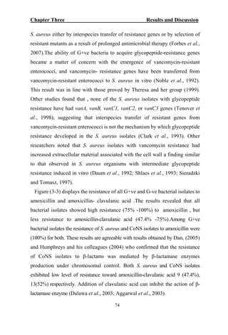 Chapter Three Results and Discussion
S. aureus either by interspecies transfer of resistance genes or by selection of
resistant mutants as a result of prolonged antimicrobial therapy (Forbes et al.,
2007).The ability of G+ve bacteria to acquire glycopeptide-resistance genes
became a matter of concern with the emergence of vancomycin-resistant
enterococci, and vancomycin- resistance genes have been transferred from
vancomycin-resistant enterococci to S. aureus in vitro (Noble et al., 1992).
This result was in line with those proved by Theresa and her group (1999).
Other studies found that , none of the S. aureus isolates with glycopeptide
resistance have had vanA, vanB, vanC1, vanC2, or vanC3 genes (Tenover et
al., 1998), suggesting that interspecies transfer of resistant genes from
vancomycin-resistant enterococci is not the mechanism by which glycopeptide
resistance developed in the S. aureus isolates (Clark et al., 1993). Other
researchers noted that S. aureus isolates with vancomycin resistance had
increased extracellular material associated with the cell wall a finding similar
to that observed in S. aureus organisms with intermediate glycopeptide
resistance induced in vitro (Daum et al., 1992; Shlaes et al., 1993; Sieradzki
and Tomasz, 1997).
Figure (3-3) displays the resistance of all G+ve and G-ve bacterial isolates to
amoxicillin and amoxicillin- clavulanic acid .The results revealed that all
bacterial isolates showed high resistance (75% -100%) to amoxicillin , but
less resistance to amoxicillin-clavulanic acid (47.4% -75%).Among G+ve
bacterial isolates the resistance of S. aureus and CoNS isolates to amoxicillin were
(100%) for both. These results are agreeable with results obtained by Dan, (2005)
and Humphreys and his colleagues (2004) who confirmed that the resistance
of CoNS isolates to β-lactams was mediated by β-lactamase enzymes
production under chromosomal control. Both S. aureus and CoNS isolates
exhibited low level of resistance toward amoxicillin-clavulanic acid 9 (47.4%),
13(52%) respectively. Addition of clavulanic acid can inhibit the action of β-
lactamase enzyme (Dulawa et al., 2003; Aggarwal et al., 2003).
74
 