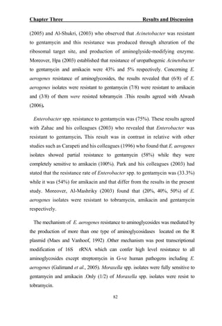 Chapter Three Results and Discussion
(2005) and Al-Shukri, (2003) who observed that Acinetobacter was resistant
to gentamycin and this resistance was produced through alteration of the
ribosomal target site, and production of aminoglyside-modifying enzyme.
Moreover, Hpa (2003) established that resistance of uropathogenic Acinetobacter
to gentamycin and amikacin were 43% and 5% respectively. Concerning E.
aerogenes resistance of aminoglycosides, the results revealed that (6/8) of E.
aerogenes isolates were resistant to gentamycin (7/8) were resistant to amikacin
and (3/8) of them were resisted tobramycin .This results agreed with Alwash
(2006).
Enterobacter spp. resistance to gentamycin was (75%). These results agreed
with Zahac and his colleagues (2003) who revealed that Enterobacter was
resistant to gentamycin. This result was in contrast in relative with other
studies such as Carapeti and his colleagues (1996) who found that E. aerogenes
isolates showed partial resistance to gentamycin (58%) while they were
completely sensitive to amikacin (100%). Park and his colleagues (2003) had
stated that the resistance rate of Enterobacter spp. to gentamycin was (33.3%)
while it was (54%) for amikacin and that differ from the results in the present
study. Moreover, Al-Mashriky (2003) found that (20%, 40%, 50%) of E.
aerogenes isolates were resistant to tobramycin, amikacin and gentamycin
respectively.
The mechanism of E. aerogenes resistance to aminoglycosides was mediated by
the production of more than one type of aminoglycosidases located on the R
plasmid (Maes and Vanhoof, 1992) .Other mechanism was post transcriptional
modification of 16S rRNA which can confer high level resistance to all
aminoglycosides except streptomycin in G-ve human pathogens including E.
aerogenes (Galimand et al., 2005). Moraxella spp. isolates were fully sensitive to
gentamycin and amikacin .Only (1/2) of Moraxella spp. isolates were resist to
tobramycin.
82
 