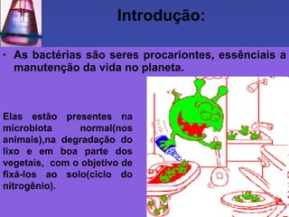 Introdução: As bactérias são seres procariontes, essênciais a manutenção da vida no planeta. Elas estão presentes na microbiota normal(nos animais),na degradação do lixo e em boa parte dos vegetais,  com o objetivo de fixá-los ao solo(ciclo do nitrogênio). 