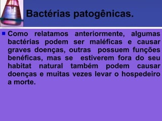 Bactérias patogênicas.
   Como relatamos anteriormente, algumas
    bactérias podem ser maléficas e causar
    graves doenças, outras possuem funções
    benéficas, mas se estiverem fora do seu
    habitat natural também podem causar
    doenças e muitas vezes levar o hospedeiro
    a morte.
 