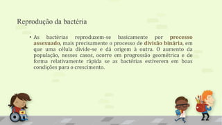 Reprodução da bactéria
• As bactérias reproduzem-se basicamente por processo
assexuado, mais precisamente o processo de divisão binária, em
que uma célula divide-se e dá origem à outra. O aumento da
população, nesses casos, ocorre em progressão geométrica e de
forma relativamente rápida se as bactérias estiverem em boas
condições para o crescimento.
 
