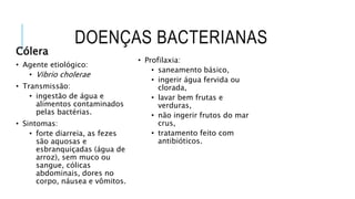 DOENÇAS BACTERIANAS
Cólera
• Agente etiológico:
• Vibrio cholerae
• Transmissão:
• ingestão de água e
alimentos contaminados
pelas bactérias.
• Sintomas:
• forte diarreia, as fezes
são aquosas e
esbranquiçadas (água de
arroz), sem muco ou
sangue, cólicas
abdominais, dores no
corpo, náusea e vômitos.
• Profilaxia:
• saneamento básico,
• ingerir água fervida ou
clorada,
• lavar bem frutas e
verduras,
• não ingerir frutos do mar
crus,
• tratamento feito com
antibióticos.
 