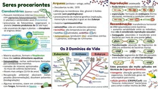 Cianobactérias (kyanos = azul)
► Possuem membranas internas (tilacóides),
com pigmentos fotossintetizantes: clorofila A
(= plantas) e carotenóides azuis (ficocianina)
•precursoras da fotossíntese, oxigenaram o
planeta (maiores produtoras de O2 até hoje)
•são ancestrais de algas e plantas → cloroplasto
se originou delas!
► Maioria aquáticas, formam o fitoplâncton
•base das cadeias alimentares aquáticas
► Estromatólitos: rochas sedimentares formadas
por cianobactérias marinhas
•camadas de minerais aprisionados
no muco de colônias bacterianas
•fósseis mais antigos (3,4 bi de anos)
► Recuperação ambiental: absorvem metais
pesados (biorremediação), dissolvem poluentes
(biodegradação)
► Algumas terrestres, vivem em simbiose
com fungos, formando os liquens →
Seres procariontes Arqueas (archaios = antigo, velho)
► Descobertas na déc. 1970
•diferenças na membrana: éter, glicerol-1-fosfato
•parede (sem peptidoglicano)
•processamento do material genético (replicação,
transcrição e tradução) é igual ao dos Eukarya
► maioria é quimioautotrófica
► extremófilas: vida em ambientes extremos
•termófilas: alta temperatura (ex: gêiseres)
•halófilas (⬆salinidade), acidófilas (⬇ph)
•metanogênicas (produzem CH4): anaeróbias estritas
→ pântanos, estômago de ruminantes
Eubacteria Archaea Eukarya
Os 3 Domínios da Vida
Reprodução: assexuada
► fissão binária (cissiparidade): muito rápida
► esporulação: formação do endósporo (forma
dormente, resistente a condições adversas)
Recombinação: transferência horizontal
de DNA (plasmídeos) entre bactérias
↳ aumenta variabilidade entre os indivíduos,
mas não é considerada reprodução sexuada!
► Conjugação: plasmídeo é transferido entre
bactérias por meio de uma ponte (pilus);
► Transformação: absorção de fragmentos de
DNA (no ambiente) de bactérias mortas
► Transdução: segmentos de DNA são passados
entre bactérias por um vírus bacteriófago
Estes processos são muito aplicados em
técnicas de Engenharia Genética:
•transgenia: alteração genética em
organismos, transferindo genes de
uma espécie para outra;
•edição genética (CRISPR/Cas9): usa
“tesouras moleculares” bacterianas
para cortar e editar trechos de DNA.
material
genético
(nucleóide)
envoltório
gelatinoso (muco)
membrana
plasmática
parede
celular
membrana do
tilacóide
ribossomos
citoplasma
carboxissomos
ficobilissomo
(pigmentos)
Último ancestral comum universal (LUCA)
Bactérias
Verdes filamentosas
Espiroquetas
Proteobactérias
Cianobactérias
Aquifex
Gram
positivas
Methanococcus
Methano
sarcina
Thermoproteus
Pyrodictium
Halófilas
Entamoeba
Microsporídios
Diplomonados
Ciliados
Plantas
Fungos
Animais
Bolor
limoso
Planctomicetos
 
