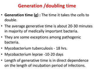 Generation /doubling time
• Generation time (g) : The time it takes the cells to
double.
• The average generative time is about 20-30 minutes
in majority of medically important bacteria.
• They are some exceptions among pathogenic
bacteria.
• Mycobacterium tuberculosis - 18 hrs.
• Mycobacterium leprae -10-20 days
• Length of generative time is in direct dependence
on the length of incubation period of infections.
 