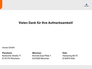 Vielen Dank für Ihre Aufmerksamkeit!




inovex GmbH

Pforzheim                 München               Köln
Karlsruher Straße 71      Konrad-Zuse-Platz 1   Hansaring 68-70
D-75179 Pforzheim         D-81829 München       D-50670 Köln
 
