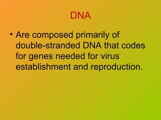 DNA
• Are composed primarily of
double-stranded DNA that codes
for genes needed for virus
establishment and reproduction.
 
