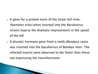  A gene for a protein toxin of the Straw itch mite,
Pyemotes tritici when inserted into the Baculovirus
strains lead to the dramatic improvement in the speed
of the kill
 A diuretic hormone gene from a moth,Manduca sexta
was inserted into the baculovirus of Bombyx mori. The
infected insects were observed to die faster than those
not expressing the neurohormone
 