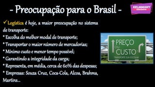 - Preocupação para o Brasil -
✓Logística é hoje, a maior preocupação no sistema
de transporte:
* Escolha do melhormodal de transporte;
* Transportar o maiornúmerode mercadorias;
* Mínimocustoe menor tempo possível;
* Garantindoa integridadeda carga;
* Representa, em média, cercade 60%das despesas;
* Empresas: Souza Cruz, Coca-Cola, Alcoa, Brahma,
Martins...
 