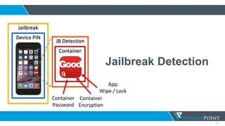 27
Jailbreak Detection
Container
Device PIN
Jailbreak
Container
JB Detection
Container
Password
Container
Encryption
App
Wipe / Lock
 