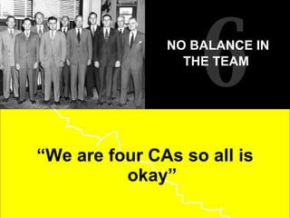 “ We are four CAs so all is okay”  6 NO BALANCE IN THE TEAM   