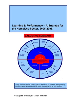 Every homeless person has the right to expect that all staff and managers they
come in contact with will have the skills and capacity to do their job well.
Learning & Performance – A Strategy for
the Homeless Sector. 2005-2006.
Developed & Written by Liz Lennon. 2004-2005
Accreditation
Learning &
Performance
People
Resources Partnerships
Meeting the needs of Homeless People
by Developing a Quality Workforce
Competency
Frameworks
Sectoral
Induction
L&P Sectoral
Programme
Leadership
Program
Learning
Pathways
ROI
Service users
Realign
Existing
Resources
Attract new
Resources
Cross
Sector
Community
& Statutory
L&P
Network
EXECUTIVE SUMMARY
 