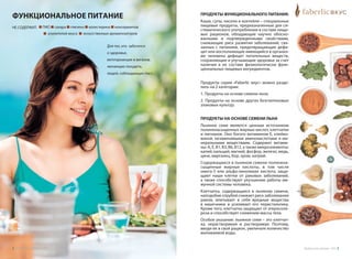 ФУНКЦИОНАЛЬНОЕ ПИТАНИЕ
ГМО сахара глютена холестерина консервантов
усилителей вкуса искусственных ароматизаторов
Для тех, кто заботится
о здоровье,
вегетарианцев и веганов,
желающих похудеть,
людей, соблюдающих пост...
НЕ СОДЕРЖИТ:
ПРОДУКТЫ ФУНКЦИОНАЛЬНОГО ПИТАНИЯ:
Каши, супы, кисели и коктейли – специальные
пищевые продукты, предназначенные для си-
стематического употребления в составе пище-
вых рационов, обладающие научно обосно-
ванными и подтвержденными свойствами,
снижающие риск развития заболеваний, свя-
занных с питанием, предотвращающие дефи-
цит или восполняющие имеющийся в организ-
ме человека дефицит питательных веществ,
сохраняющие и улучшающие здоровье за счет
наличия в их составе физиологически функ-
циональных пищевых ингредиентов.
Продукты серии «Faberlic вкус» можно разде-
лить на 2 категории:
1. Продукты на основе семени льна;
2. Продукты на основе других безглютеновых
злаковых культур.
ПРОДУКТЫ НА ОСНОВЕ СЕМЕНИ ЛЬНА
Льняное семя является ценным источником
полиненасыщенных жирных кислот, клетчатки
и лигнанов. Оно богато витамином Е, клейко-
виной, незаменимыми аминокислотами и ми-
неральными веществами. Содержит витами-
ны: А, Е, В1, ВЗ, В6, В12, а также микроэлементы:
калий, кальций, магний, фосфор, железо, медь,
цинк, марганец, бор, хром, натрий.
Содержащиеся в льняном семени полинена-
сыщенные жирные кислоты, в том числе
омега-3 или альфа-линолевая кислота, защи-
щают наши клетки от раковых заболеваний,
а также способствуют улучшению работы им-
мунной системы человека.
Клетчатка, содержащаяся в льняном семени,
наподобие отрубей снижает риск заболевания
раком, впитывает в себя вредные вещества
в  кишечнике и усиливает его перистальтику.
Кроме того, клетчатка защищает от атероскле-
роза и способствует снижению массы тела.
Особое указание: льняное семя – это клетчат-
ка, нерастворимая и растворимая. Поэтому,
вводя ее в свой рацион, увеличьте количество
выпиваемой воды.
Продуктыдляздоровья-2016 32 Продуктыдляздоровья-2016
 