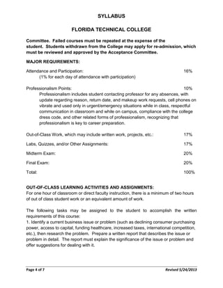 SYLLABUS
FLORIDA TECHNICAL COLLEGE
Committee. Failed courses must be repeated at the expense of the
student. Students withdrawn from the College may apply for re-admission, which
must be reviewed and approved by the Acceptance Committee.
MAJOR REQUIREMENTS:
Attendance and Participation: 16%
(1% for each day of attendance with participation)
Professionalism Points: 10%
Professionalism includes student contacting professor for any absences, with
update regarding reason, return date, and makeup work requests, cell phones on
vibrate and used only in urgent/emergency situations while in class, respectful
communication in classroom and while on campus, compliance with the college
dress code, and other related forms of professionalism, recognizing that
professionalism is key to career preparation.
Out-of-Class Work, which may include written work, projects, etc.: 17%
Labs, Quizzes, and/or Other Assignments: 17%
Midterm Exam: 20%
Final Exam: 20%
Total: 100%
OUT-OF-CLASS LEARNING ACTIVITIES AND ASSIGNMENTS:
For one hour of classroom or direct faculty instruction, there is a minimum of two hours
of out of class student work or an equivalent amount of work.
The following tasks may be assigned to the student to accomplish the written
requirements of this course:
1. Identify a current business issue or problem (such as declining consumer purchasing
power, access to capital, funding healthcare, increased taxes, international competition,
etc.), then research the problem. Prepare a written report that describes the issue or
problem in detail. The report must explain the significance of the issue or problem and
offer suggestions for dealing with it.
Page 4 of 7 Revised 5/24/2013
 