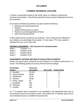 SYLLABUS
FLORIDA TECHNICAL COLLEGE
2. Deliver a presentation based on the written report or a different contemporary
business issue/problem. Describe the potential business impact of allowing the issue to
go unresolved.
Out-of-class work/learning activities may also include the following:
• Reading and writing assignments
• Projects
• Clearly defined papers or reports
• Practice or practical application of theory
• Other learning experiences
Further details will be provided by your professor. This is measured and reflected on
your syllabus as a percentage of your grade. In most cases, 17% of your grade is
reflected from your out of class work.
READING ASSIGNMENT – See instructor for scheduled dates
Week 1 Chapters 1-17
Week 2 Chapters 18-28
Week 3 Chapters 29-46
Week 4 Chapters 47-54
ASSESSMENT CRITERIA/ METHOD OF EVALUATING STUDENTS:
Grades and grade points represent the final measure of a student’s performance in a
course. The following grades are used by Florida Technical College:
Percentage Hours per
Grades Equivalent Qtr Credit Grade Points
A – Excellent 90-100 1 4
B – Above Average 80-89 1 3
C – Satisfactory 70-79 1 2
D – Passing 60-69 1 1
F – Failing Below 60 1 0
I – Incomplete N/A 1 0
W – Withdraw N/A 1 0
T – Transfer N/A 1 0
An “I” is assigned when coursework is not completed in the appropriate times due to
circumstances beyond the student’s control. The student has 14 calendar days into the
next scheduled course to complete the requirements.
Page 5 of 7 Revised 5/24/2013
 
