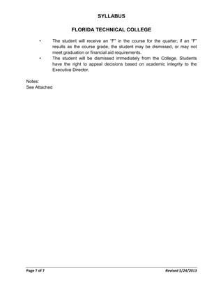 SYLLABUS
FLORIDA TECHNICAL COLLEGE
• The student will receive an “F” in the course for the quarter; if an “F”
results as the course grade, the student may be dismissed, or may not
meet graduation or financial aid requirements.
• The student will be dismissed immediately from the College. Students
have the right to appeal decisions based on academic integrity to the
Executive Director.
Notes:
See Attached
Page 7 of 7 Revised 5/24/2013
 