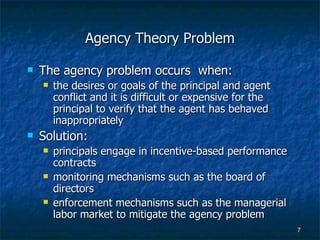 Agency Theory Problem The agency problem occurs  when: the desires or goals of the principal and agent conflict and it is difficult or expensive for the principal to verify that the agent has behaved inappropriately Solution: principals engage in incentive-based performance contracts monitoring mechanisms such as the board of directors enforcement mechanisms such as the managerial labor market to mitigate the agency problem 