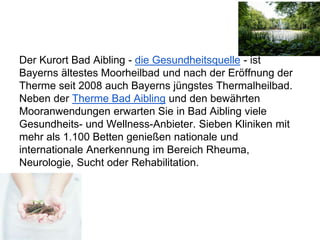 Der Kurort Bad Aibling - die Gesundheitsquelle - ist
Bayerns ältestes Moorheilbad und nach der Eröffnung der
Therme seit 2008 auch Bayerns jüngstes Thermalheilbad.
Neben der Therme Bad Aibling und den bewährten
Mooranwendungen erwarten Sie in Bad Aibling viele
Gesundheits- und Wellness-Anbieter. Sieben Kliniken mit
mehr als 1.100 Betten genießen nationale und
internationale Anerkennung im Bereich Rheuma,
Neurologie, Sucht oder Rehabilitation.
 