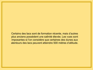 Certains des lacs sont de formation récente, mais d’autres
plus anciens possèdent une salinité élevée. Les vues sont
imposantes si l’on considère que certaines des dunes aux
alentours des lacs peuvent atteindre 500 mètres d’altitude.
 