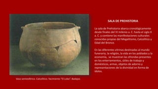 SALA DE PREHISTORIA
La sala de Prehistoria abarca cronológicamente
desde finales del IV milenio a. C. hasta el siglo X
a. C. y contiene las manifestaciones culturales
conocidas propias del Megalitismo, Calcolítico y
Edad del Bronce.
En las diferentes vitrinas destinadas al mundo
funerario, la religión, la vida en los poblados y la
economía, se muestran las ofrendas presentes
en los enterramientos, útiles de trabajo y
domésticos, armas, objetos de adorno y
representaciones de la divinidad en forma de
ídolos.
Vaso semiesférico. Calcolítico. Yacimiento “El Lobo”. Badajoz.
 