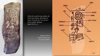 Estela de cuarcita roja pulida, de
forma prismática, decorada en
parte. Procede de “Los Llanos”,
Zarza Capilla, Badajoz.
Siglo VIII-VI a. C.
Esquema de la
estela de guerrero
de Zarza Capilla.
 