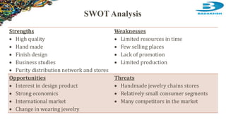 Strengths
 High quality
 Hand made
 Finish design
 Business studies
 Purity distribution network and stores
Weaknesses
 Limited resources in time
 Few selling places
 Lack of promotion
 Limited production
Opportunities
 Interest in design product
 Strong economics
 International market
 Change in wearing jewelry
Threats
 Handmade jewelry chains stores
 Relatively small consumer segments
 Many competitors in the market
SWOT Analysis
 