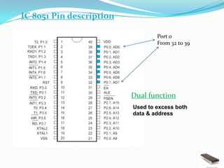 IC 8051 Pin description

                                  Port 0
                                  From 32 to 39




                          Dual function
                          Used to excess both
                          data & address
 