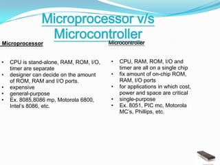 Microprocessor v/s
                Microcontroller
                         Microcontroller
Microprocessor


•   CPU is stand-alone, RAM, ROM, I/O,   •   CPU, RAM, ROM, I/O and
    timer are separate                       timer are all on a single chip
•   designer can decide on the amount    •   fix amount of on-chip ROM,
    of ROM, RAM and I/O ports.               RAM, I/O ports
•   expensive                            •   for applications in which cost,
•   general-purpose                          power and space are critical
•   Ex. 8085,8086 mp, Motorola 6800,     •   single-purpose
    Intel’s 8086, etc.                   •   Ex. 8051, PIC mc, Motorola
                                             MC’s, Phillips, etc.
 