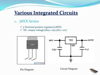 Various Integrated Circuits
A.   78XX Series
      3-Terminal positive regulator(78XX)
      XX- output voltage(7805-+05v,7812-+12v)




     Pin Diagram                        Circuit Diagram
 