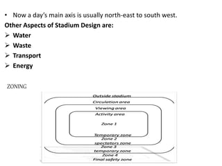 • Now a day’s main axis is usually north-east to south west.
Other Aspects of Stadium Design are:
 Water
 Waste
 Transport
 Energy
ZONING
 