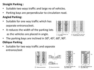 Straight Parking :
• Suitable two ways traffic and large no of vehicles.
• Parking bays are perpendicular to circulation road.
Angled Parking:
• Suitable for one way traffic which has
separate entrance/exit.
• It reduces the width of the parking lots
as the vehicles are placed in angle.
• The parking bays are inclined in 300, 450, 600, 900.
Oblique Parking
• Suitable for two way traffic and separate
entrance/exit
 