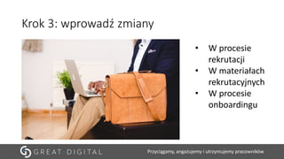 Przyciągamy, angażujemy i utrzymujemy pracowników
Krok 3: wprowadź zmiany
• W procesie
rekrutacji
• W materiałach
rekrutacyjnych
• W procesie
onboardingu
 