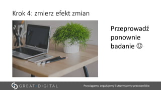 Przyciągamy, angażujemy i utrzymujemy pracowników
Krok 4: zmierz efekt zmian
Przeprowadź
ponownie
badanie 
 